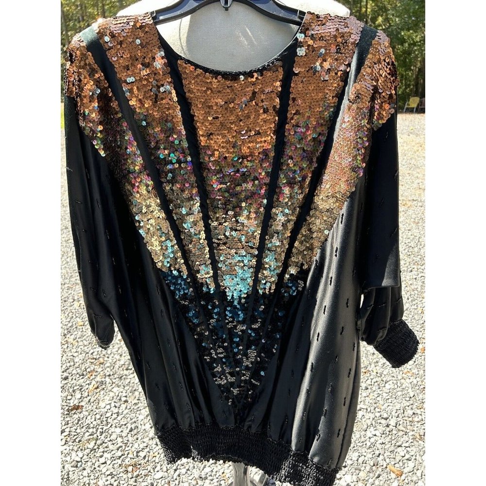 Silk And Sequin Blouse Vintage Three Flags XS Black Copper